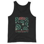 Black California Carnivores unisex tank top with Wicked Hungry in coral, in the upper middle, surrounded by wood block print style flytraps in teal. 