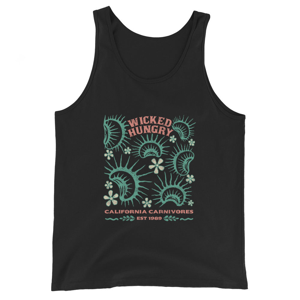 Black California Carnivores unisex tank top with Wicked Hungry in coral, in the upper middle, surrounded by wood block print style flytraps in teal. 