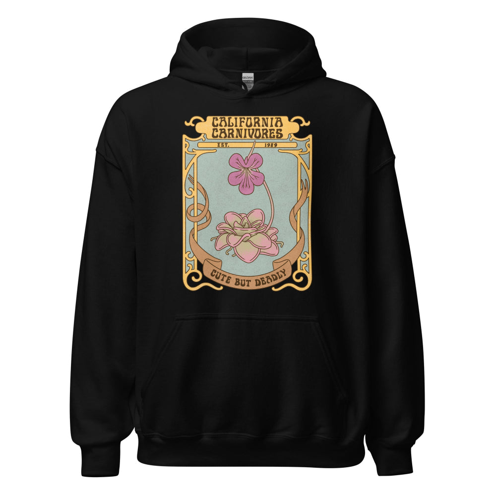 Black hoodie with a decorative graphic and text on a white background