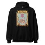 Black hoodie with a decorative graphic and text on a white background