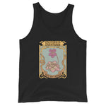 Black tank top with a graphic design of flowers and text on a white background