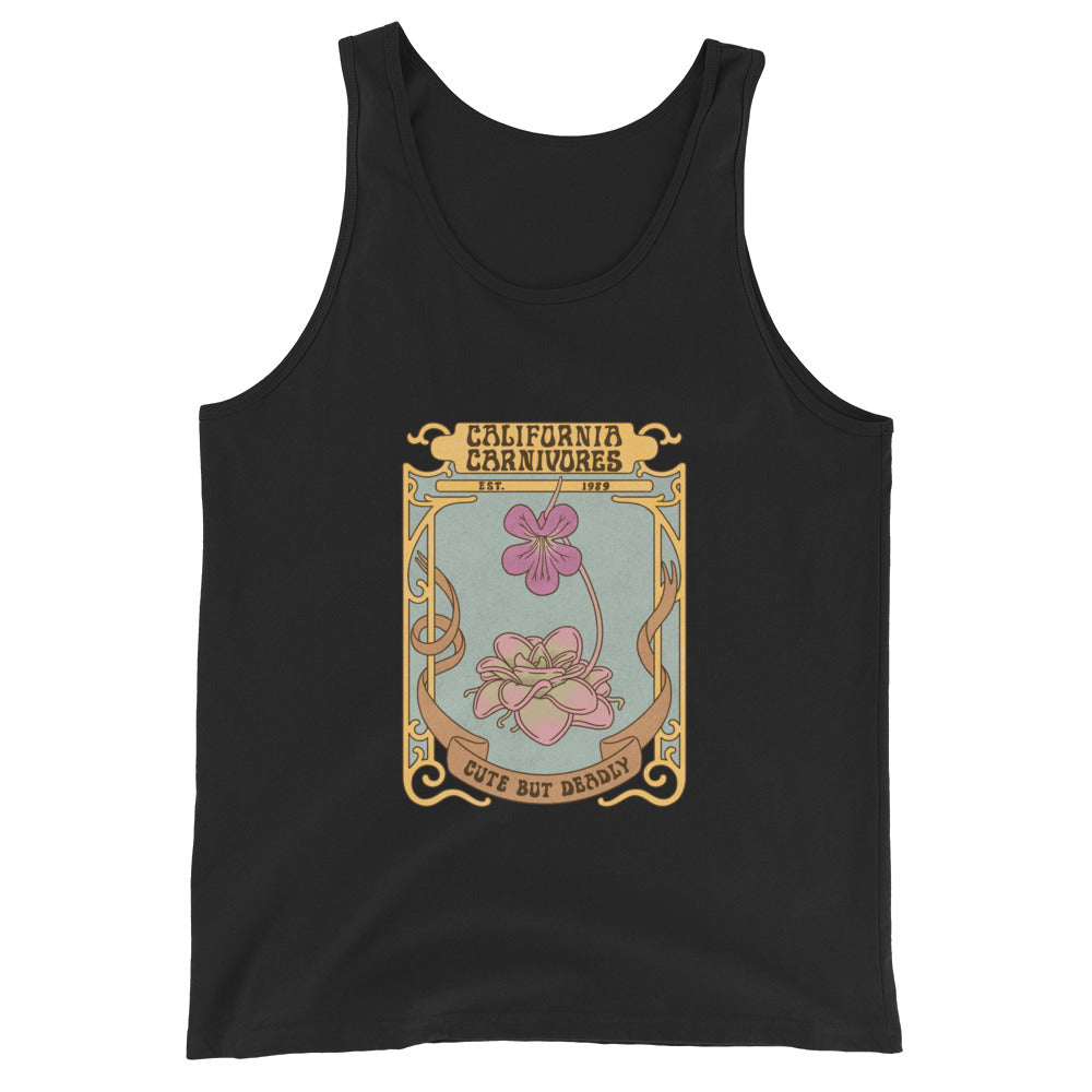 Black tank top with a graphic design of flowers and text on a white background