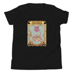 Black t-shirt with a decorative floral design and text on a white background