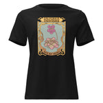 Black t-shirt with a decorative graphic and text on a white background