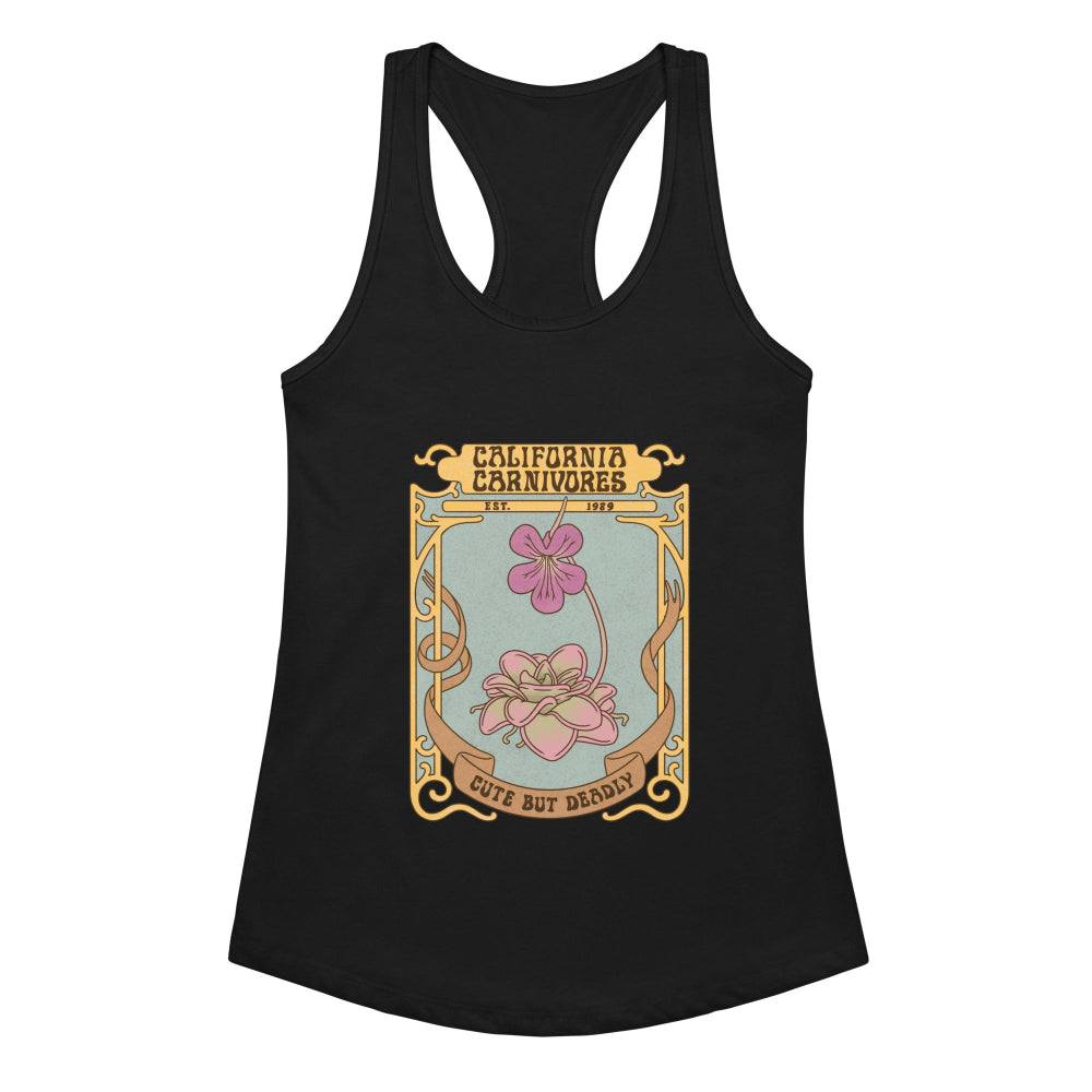 Black tank top with a graphic design of flowers and text on a white background