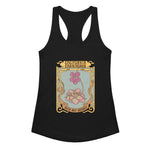 Black tank top with a graphic design of flowers and text on a white background