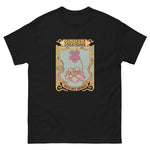 Black t-shirt with a decorative graphic and text on a white background