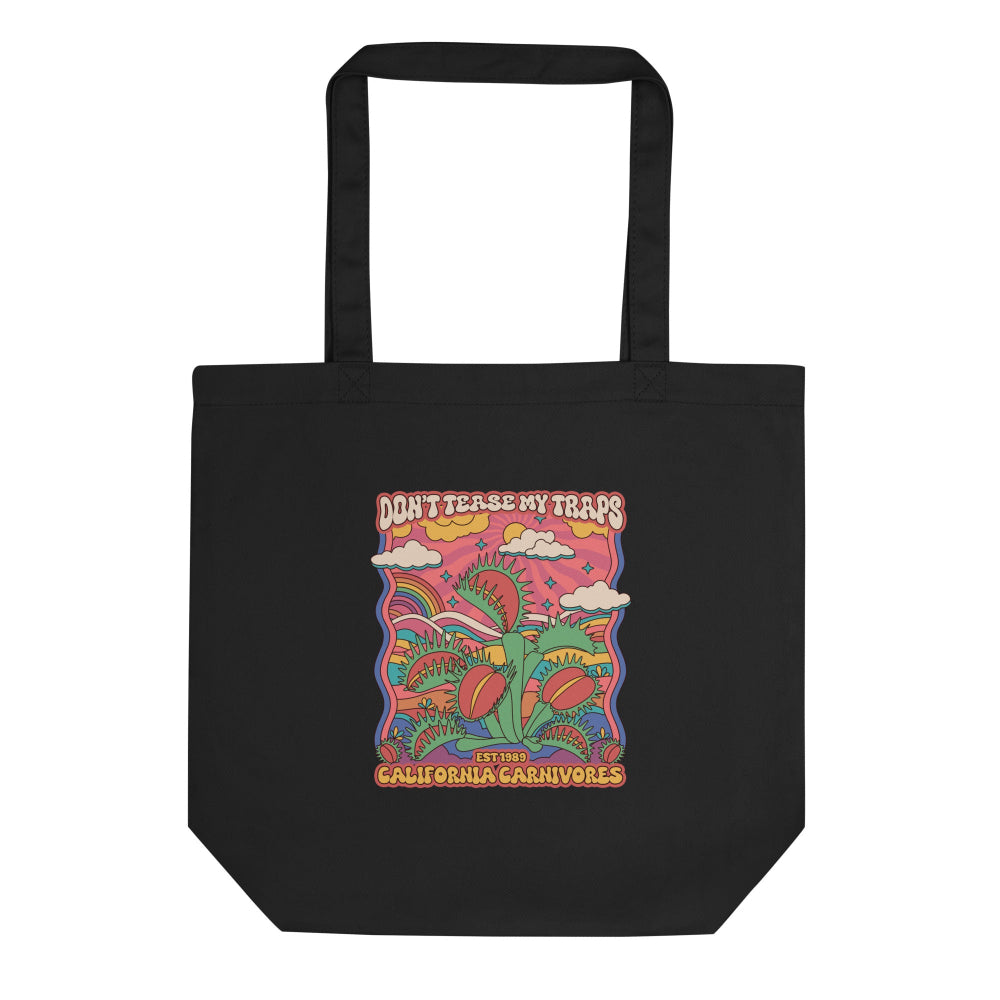 Black tote bag with colorful graphic design on a white background