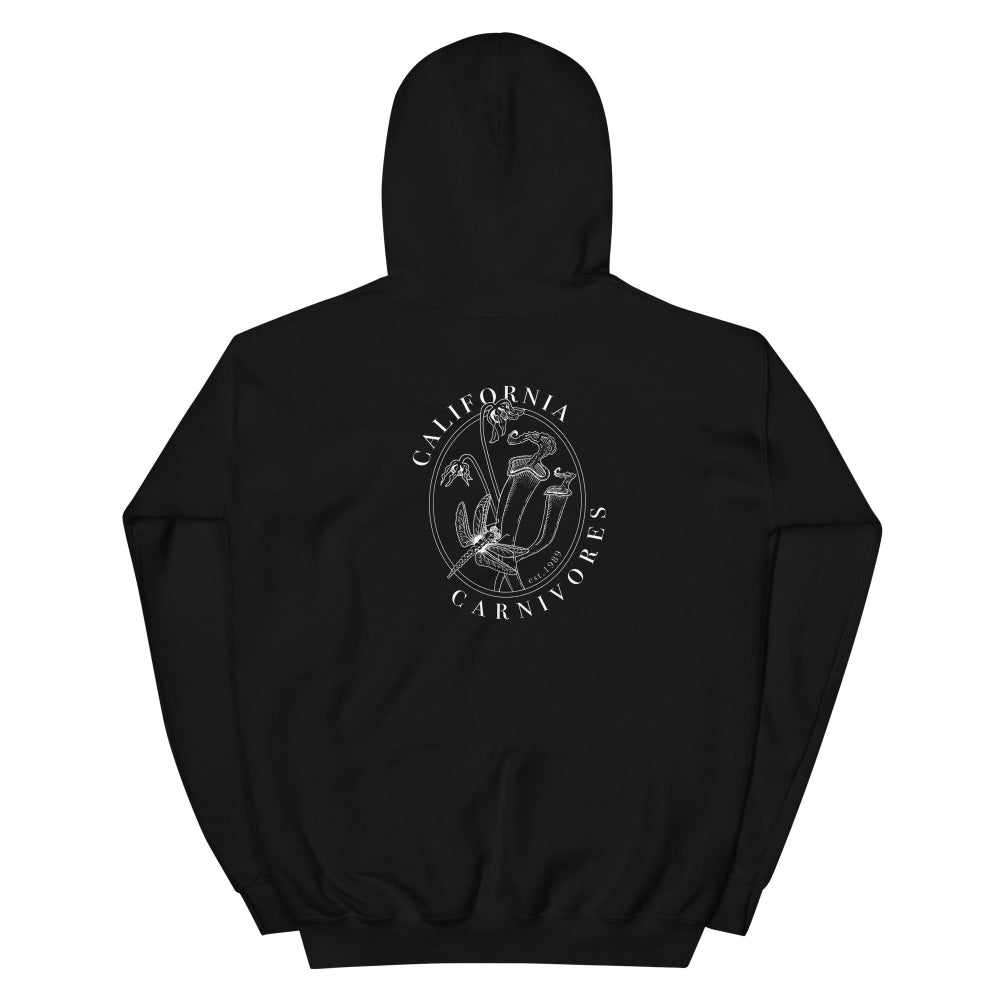 Black hoodie with text on the back against a white background