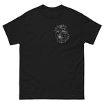 Black t-shirt with white logo on a white background