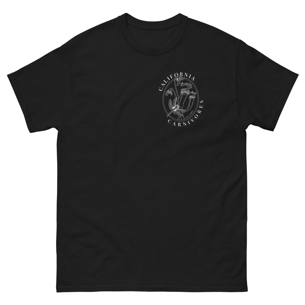 Black t-shirt with white logo on a white background