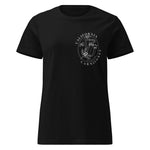 Black t-shirt with a graphic design on a white background