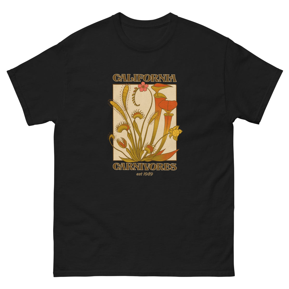 Black t-shirt with a carnivorous plant graphic and 'California Carnivores' text on a white background