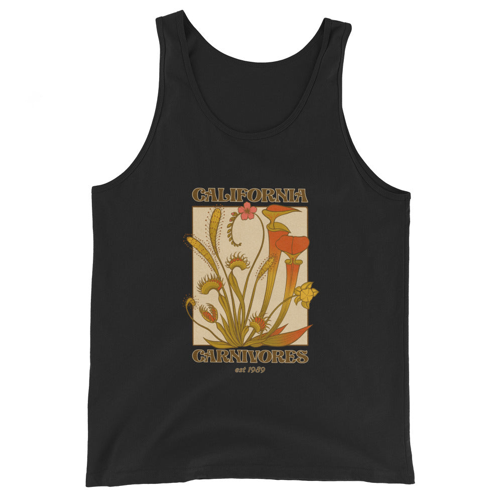 Black tank top with a graphic design of carnivorous plants and 'California Carnivores' text on a white background.