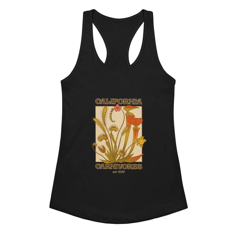 Black tank top with a graphic design of carnivorous plants and 'California Carnivores' text on a white background.