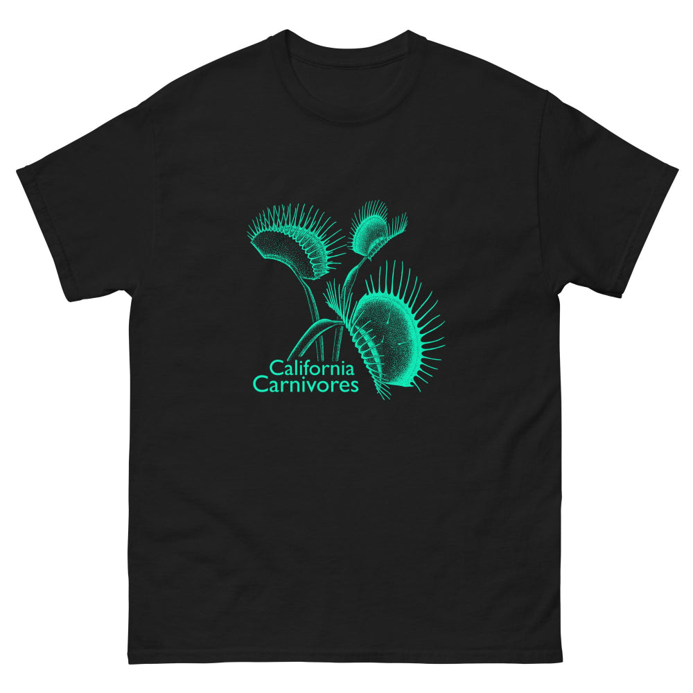 Black t-shirt with teal carnivorous plant design and 'California Carnivores' text on a white background