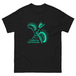 Black t-shirt with teal carnivorous plant design and 'California Carnivores' text on a white background