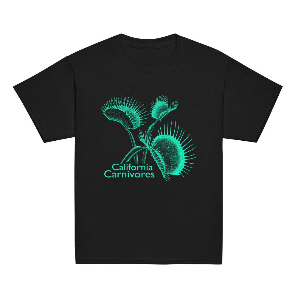 Black t-shirt with teal carnivorous plant design and 'California Carnivores' text on a white background