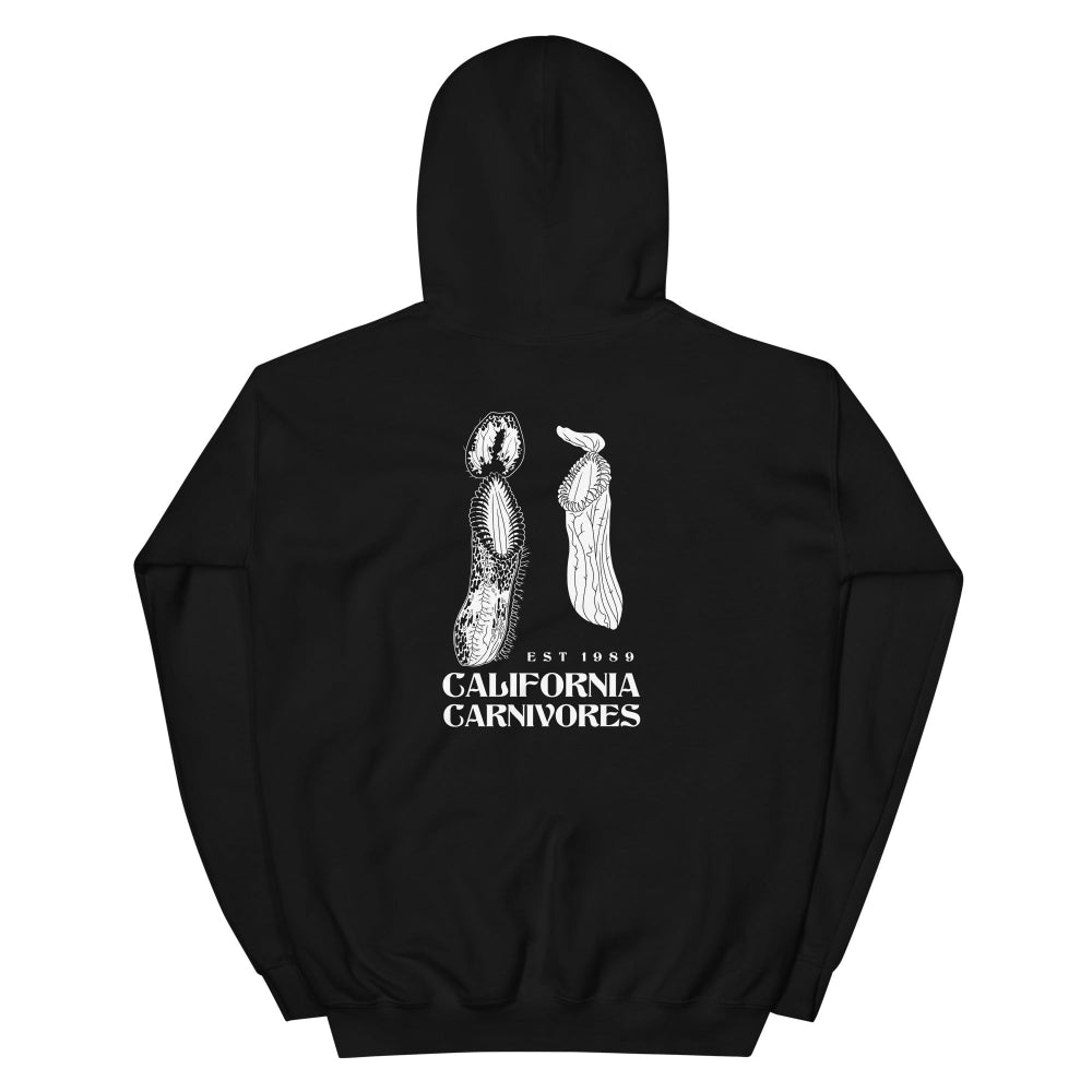 Black hoodie with white graphic design on the back on a white background
