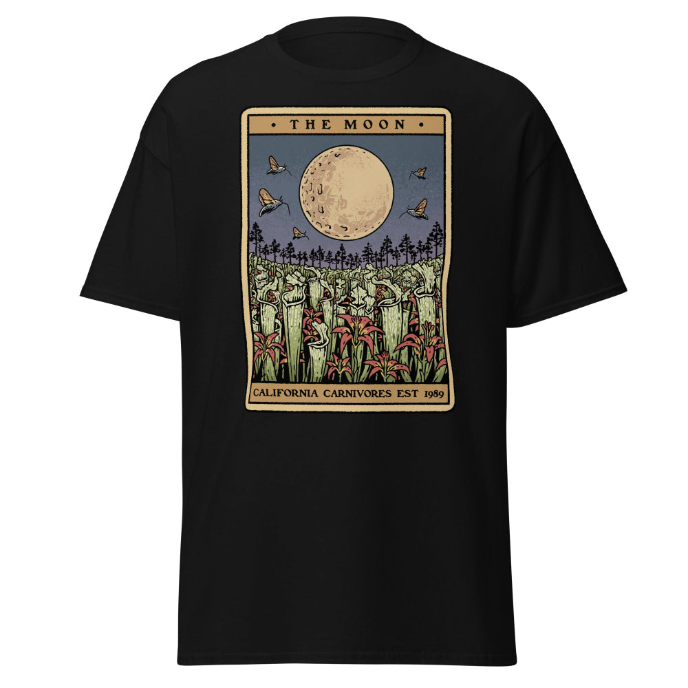 Black t-shirt with 'The Moon' graphic design featuring a moon and trees on a white background