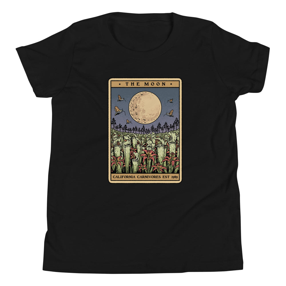 Black t-shirt with 'The Moon' tarot card design on a white background