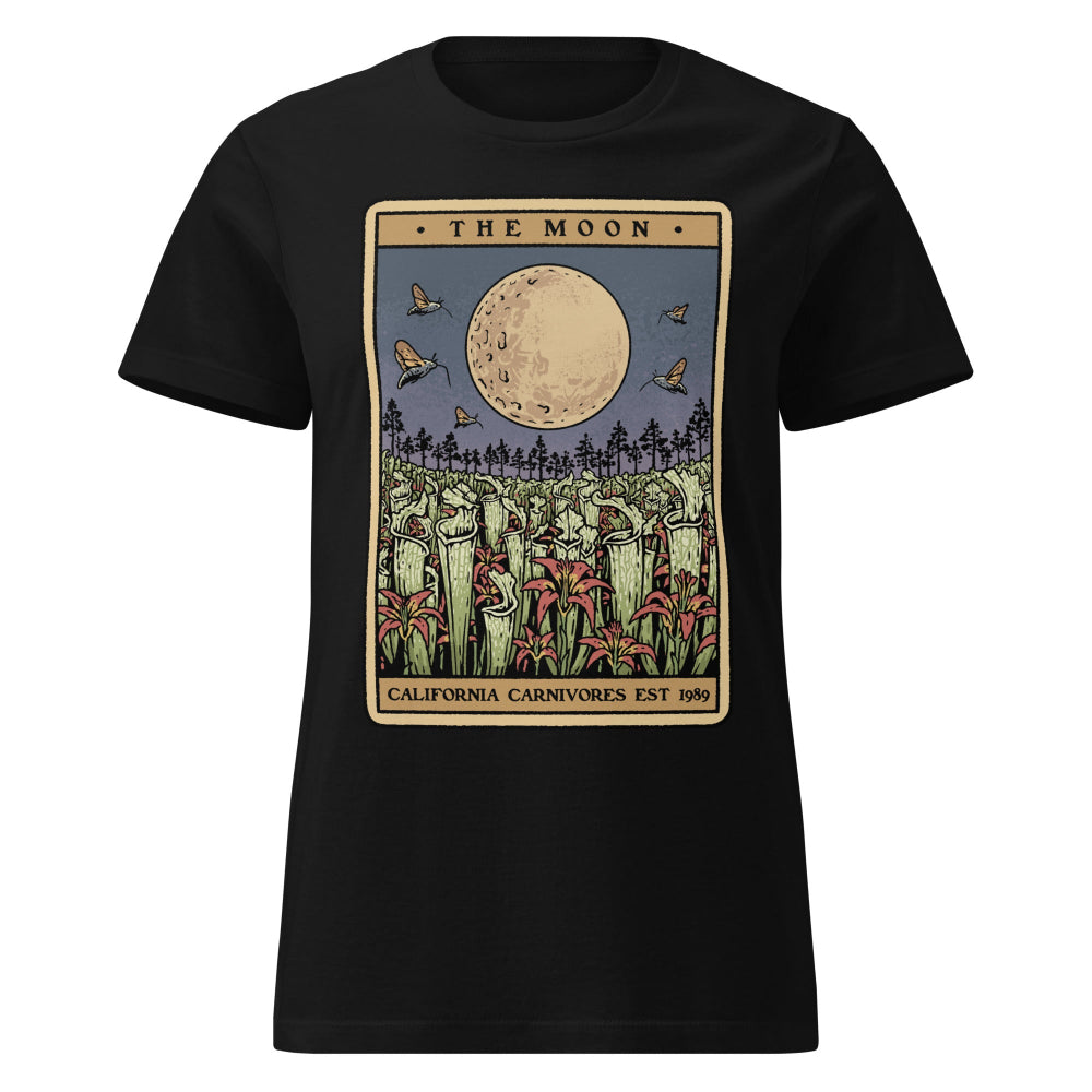 Black t-shirt with a graphic design of a moon and trees on a white background