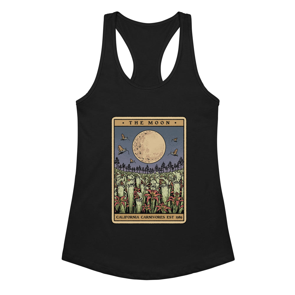 Black tank top with a moon and Sarracenia design