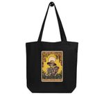 Black tote bag with a colorful graphic of a skeleton and text on a white background