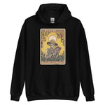 Black hoodie with a skeleton and garden design on a white background
