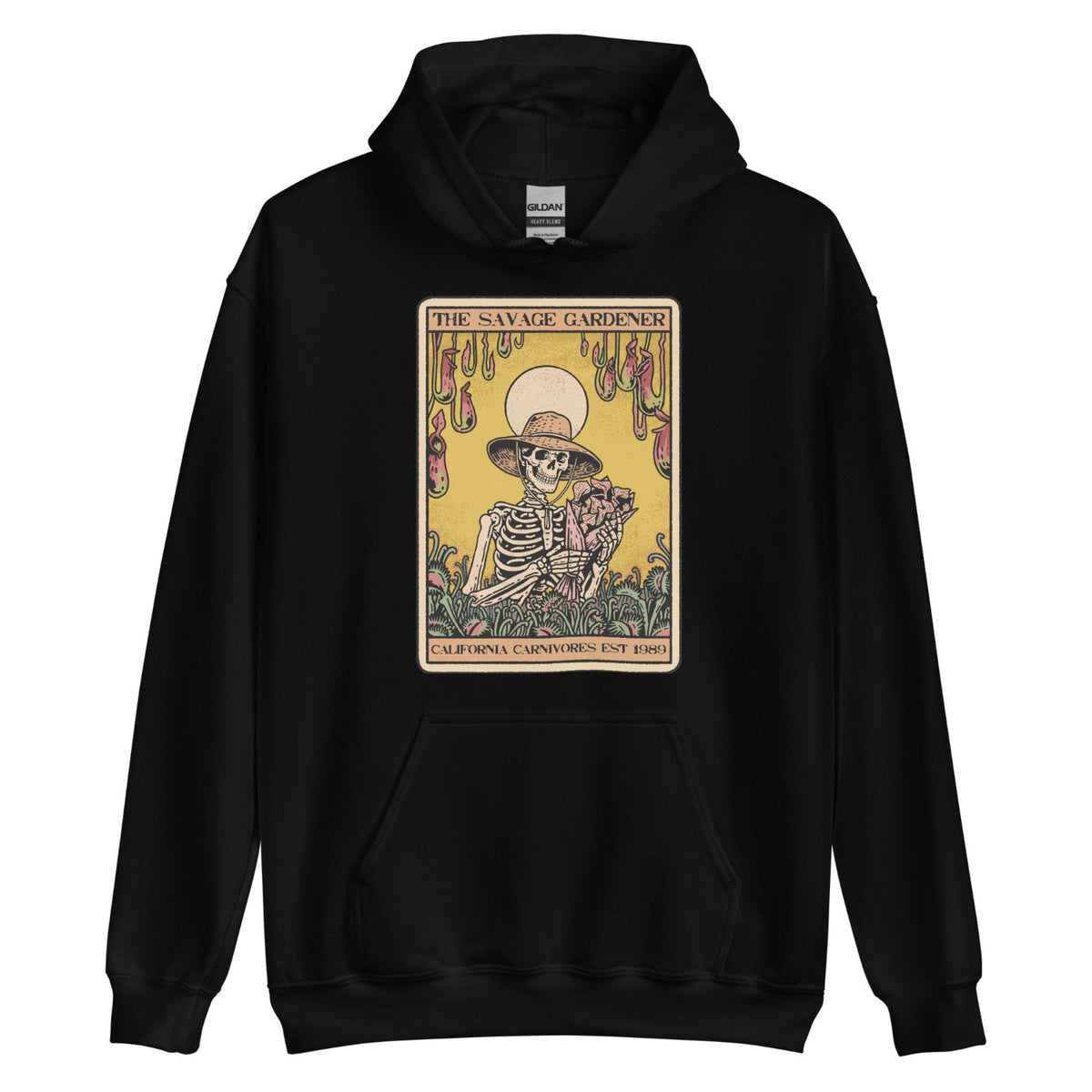 Black hoodie with a skeleton and garden design on a white background