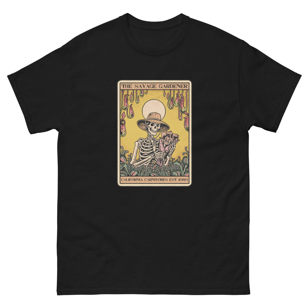 Black t-shirt with a graphic of a skeleton gardener and text on a yellow background