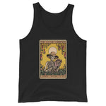 Black tank top with a graphic design of a skeleton holding a basket on a yellow background.