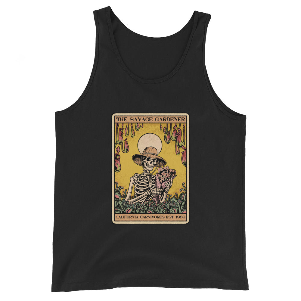 Black tank top with a graphic design of a skeleton holding a basket on a yellow background.