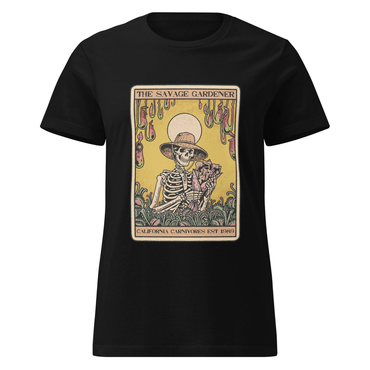 Black t-shirt with a skeleton gardener graphic on a white background