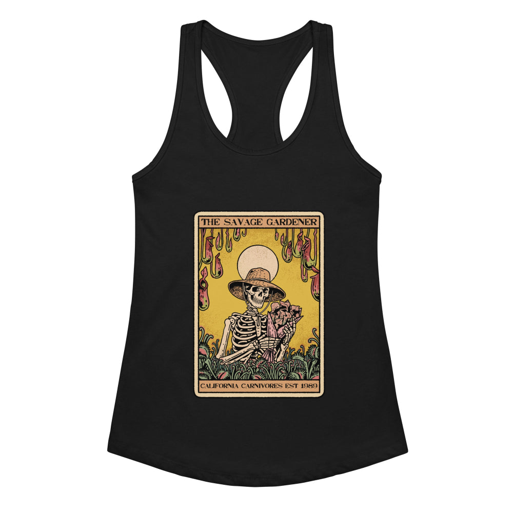 Black tank top with a graphic design featuring a skeleton and text on a white background
