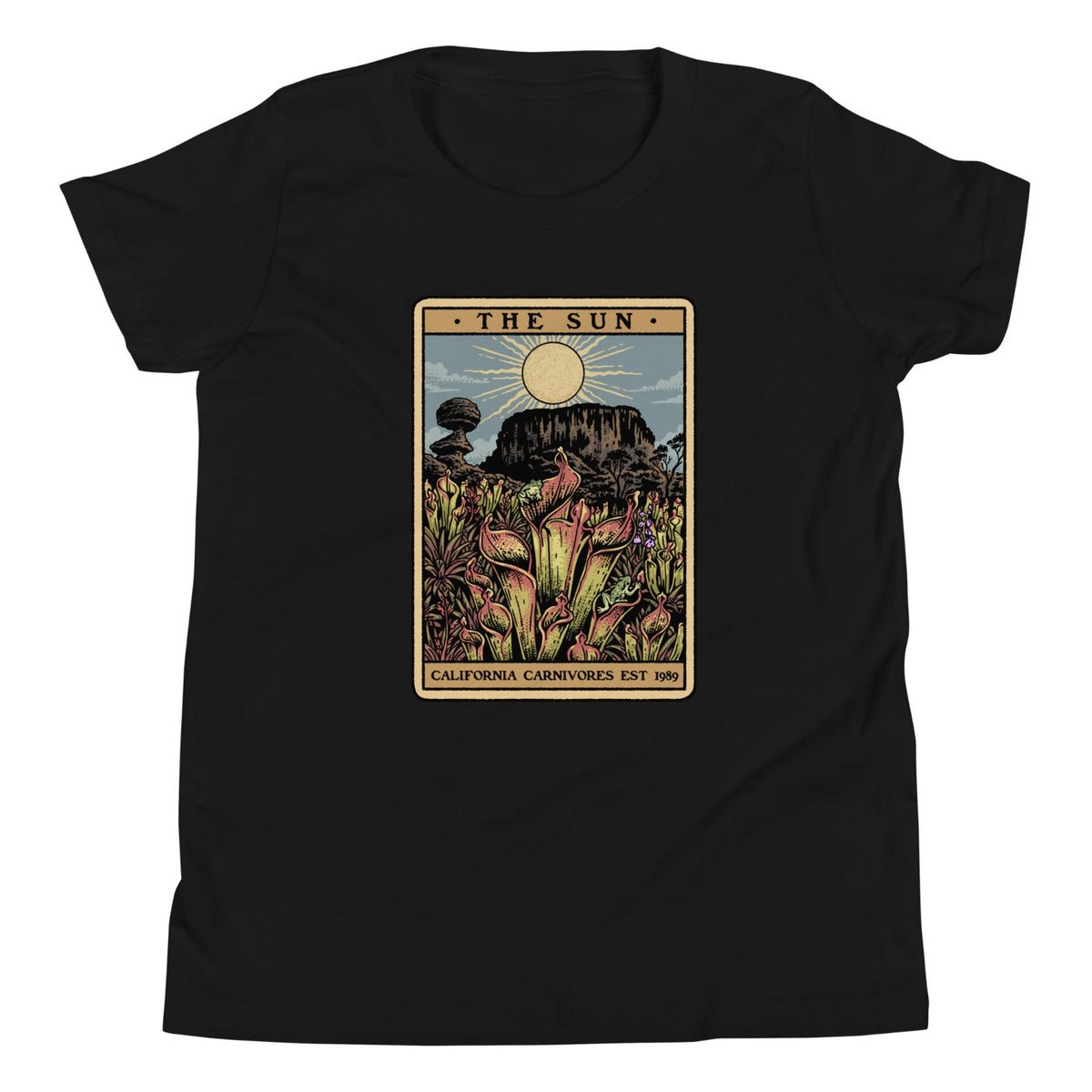 The Shining Sun youth unisex shirt has a heliamphora in the sun styled after a tarot card.