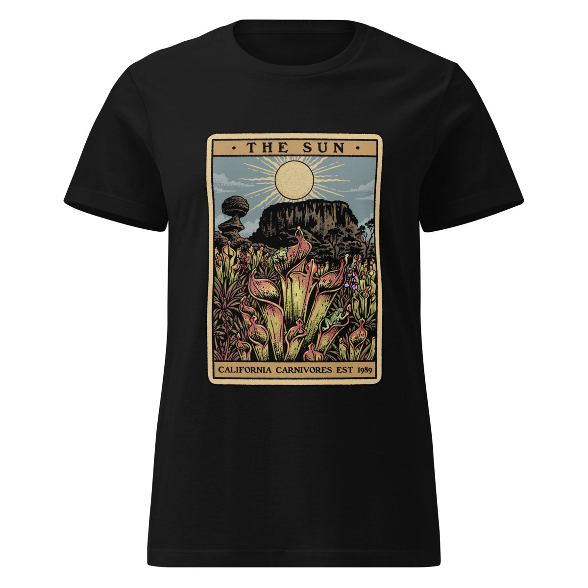 Black t-shirt with a graphic design of heliamphora from California Carnivores 