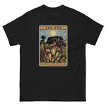 Black t-shirt with a graphic design of Heliamphora as the Sun tarot card