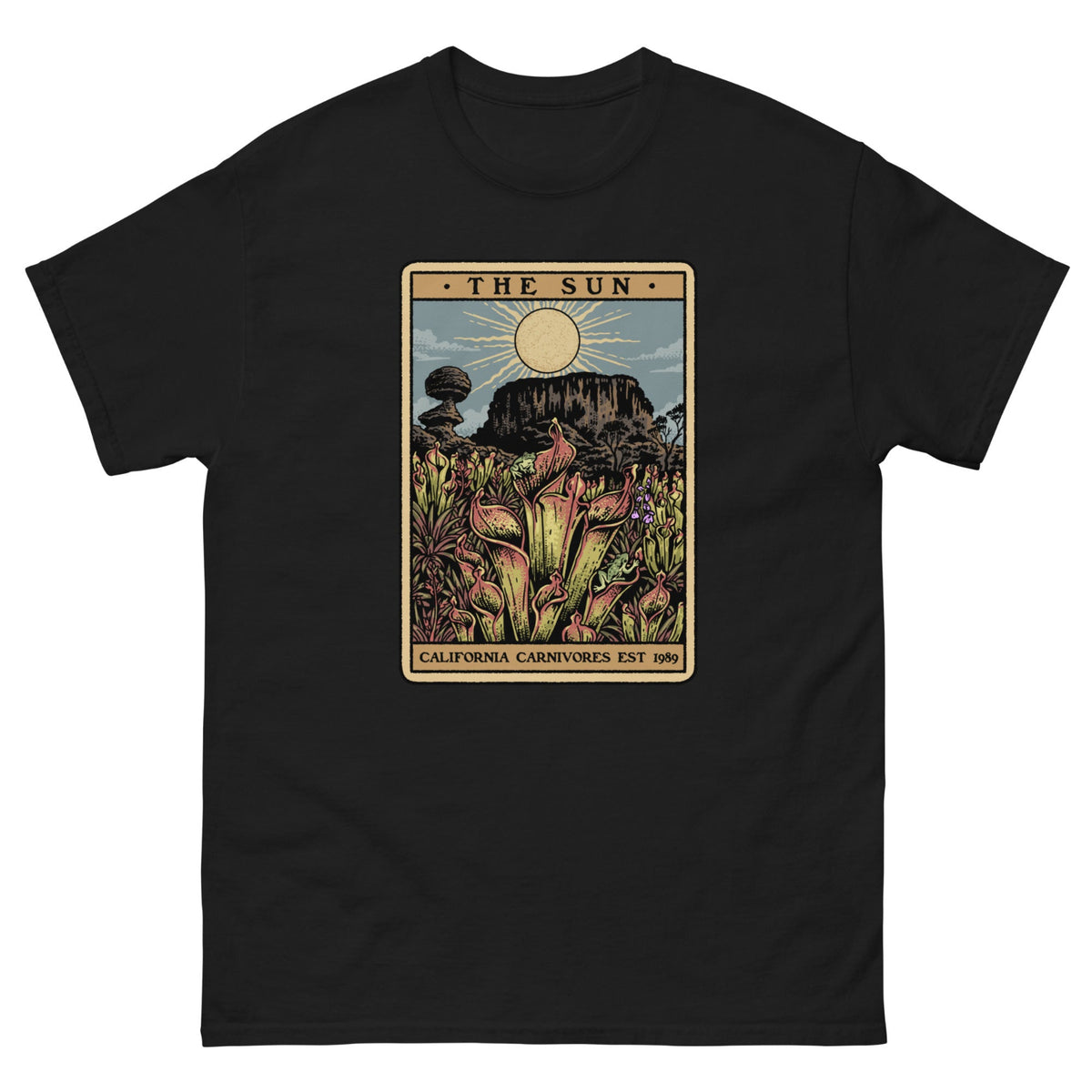 Black t-shirt with a graphic design of Heliamphora as the Sun tarot card