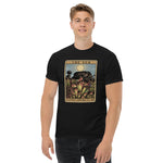 Black t-shirt with a graphic design of Heliamphora as the Sun tarot card on male model