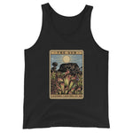 Black Shining Sun Unisex Tank Top with image of Heliamphora in the sun in tarot card style