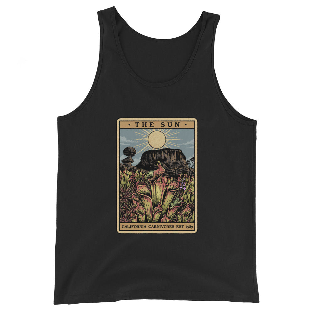 Black Shining Sun Unisex Tank Top with image of Heliamphora in the sun in tarot card style