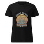 Black t-shirt with a graphic design featuring text and cacti on a white background