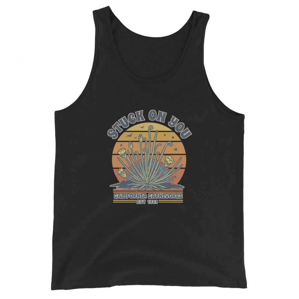 Black tank top with a graphic design on a white background