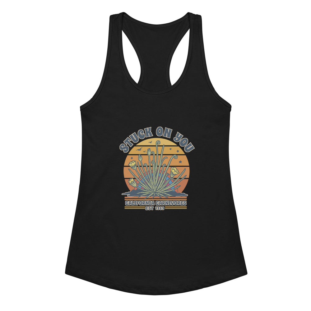 Black tank top with a graphic design on a white background