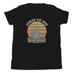 Black t-shirt with a graphic design on a white background