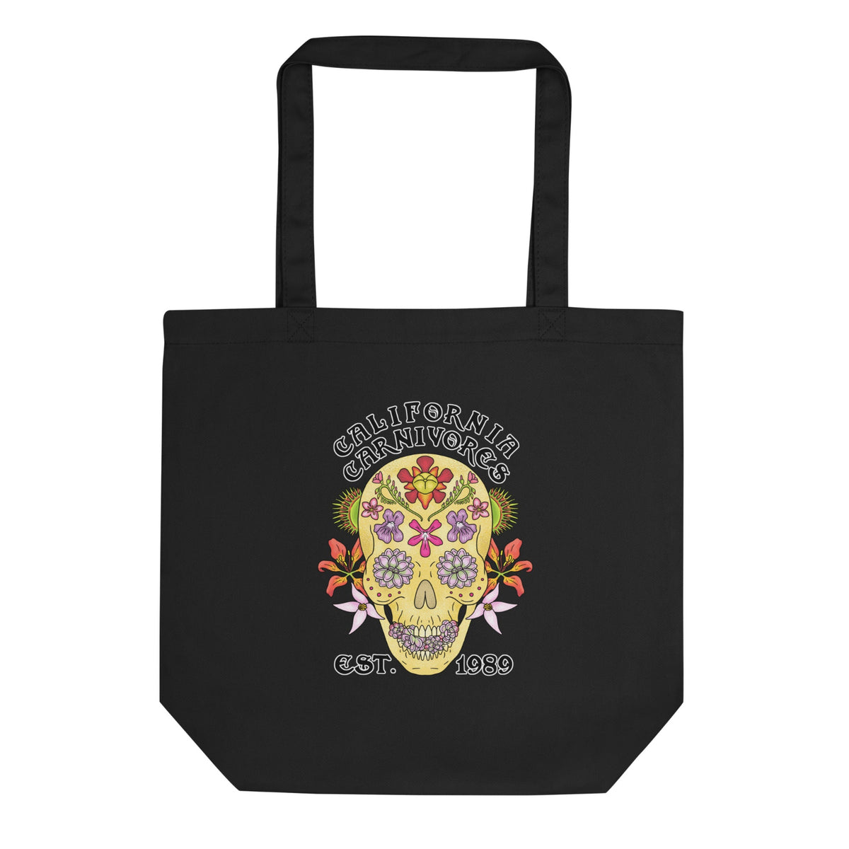 Black tote bag with a colorful skull design and text on a white background
