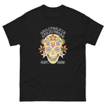 Black t-shirt with a colorful skull design and text on a white background