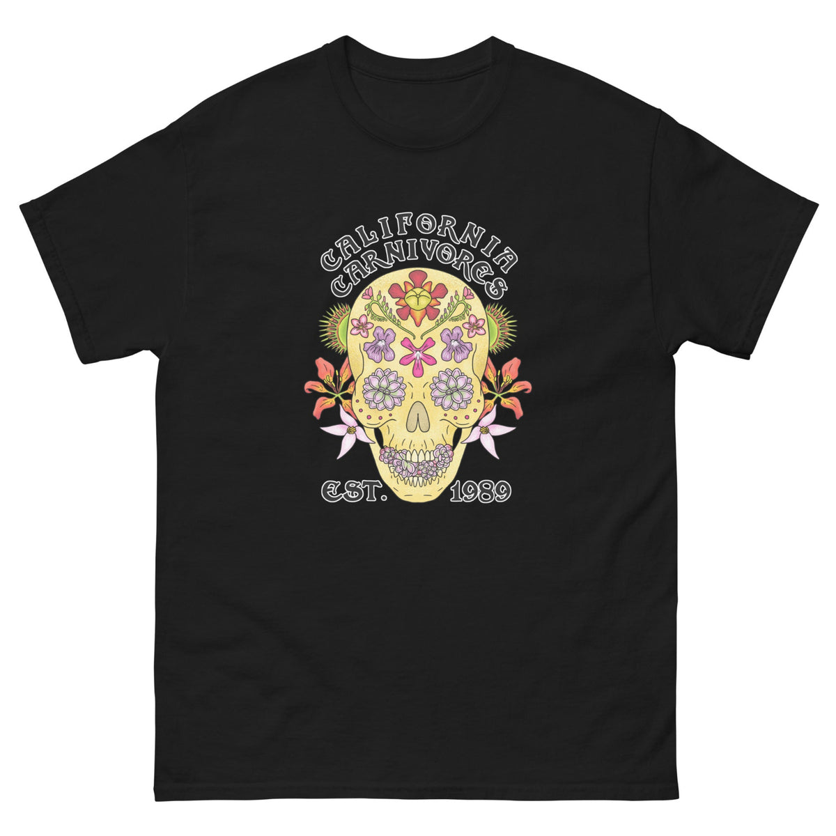 Black t-shirt with a colorful skull design and text on a white background