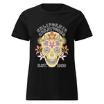 Black t-shirt with a colorful skull design and text on a white background